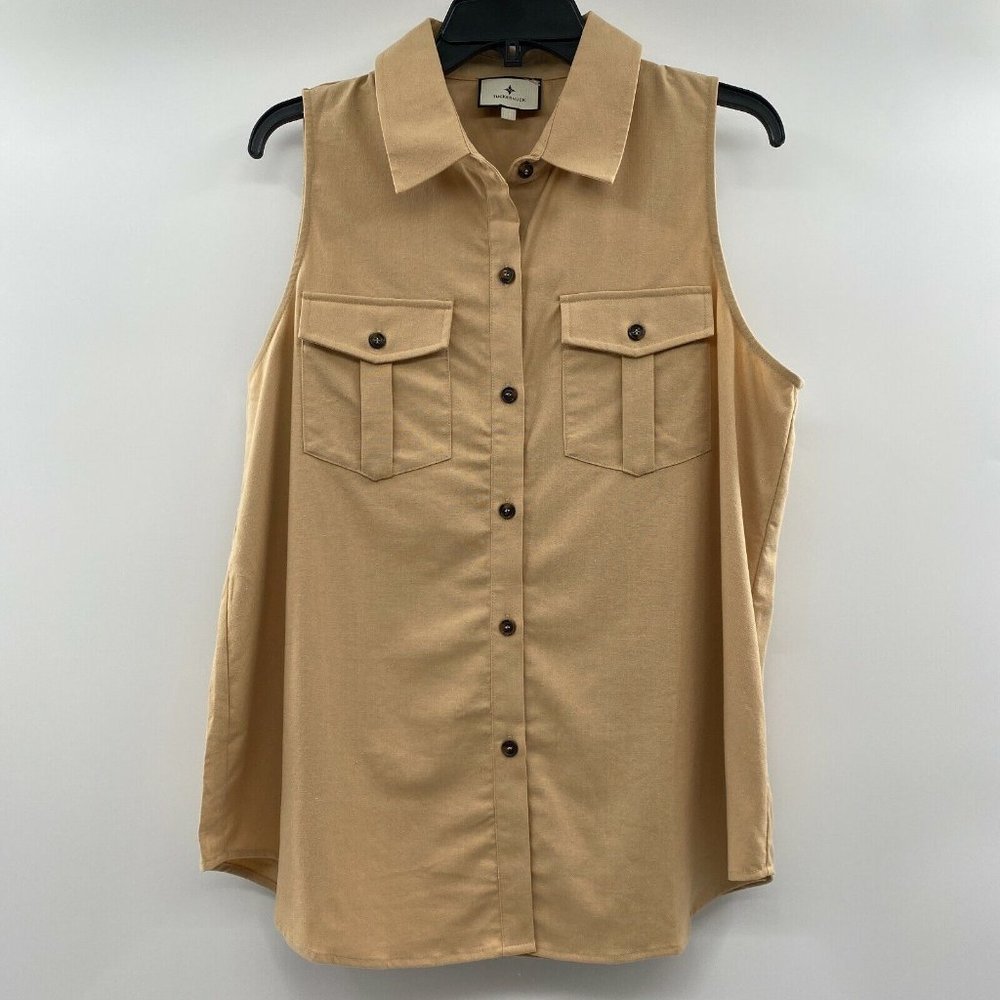 Tuckernuck Sleeveless Khaki Linen Steele Button Down Blouse Top Shirt Collared S
